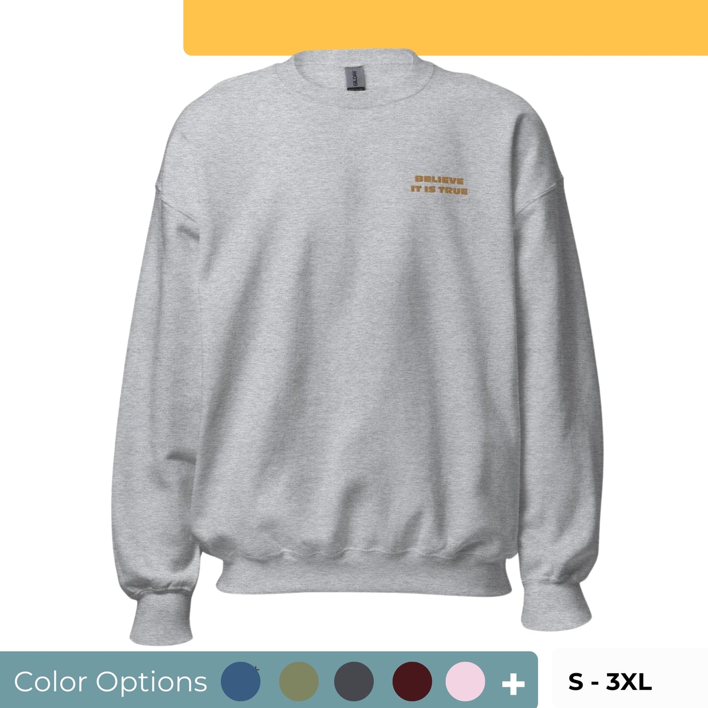 Carbon gray "Believe It Is True" premium crew neck sweatshirt with ribbed cuffs, soft fleece lining, and comfortable fit, available in multiple colors and sizes.