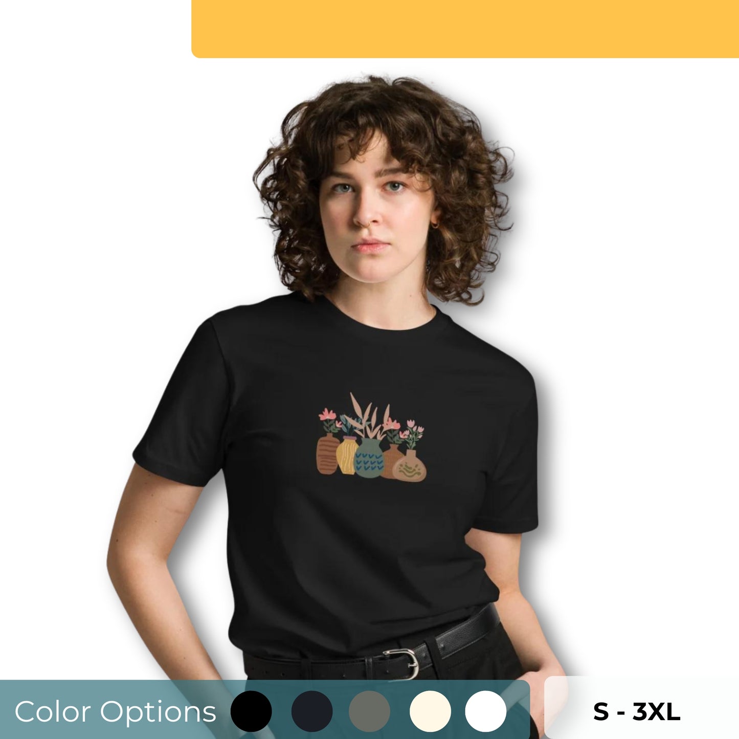 Women's Premium Tee with colorful potted plants design, featuring various botanical illustrations on a black tee, perfect for subtle nature-inspired self-expression.