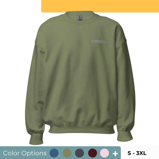 Military green "rise" premium crew neck sweatshirt with ribbed cuffs, soft fleece lining, and comfortable fit, available in multiple colors and sizes.