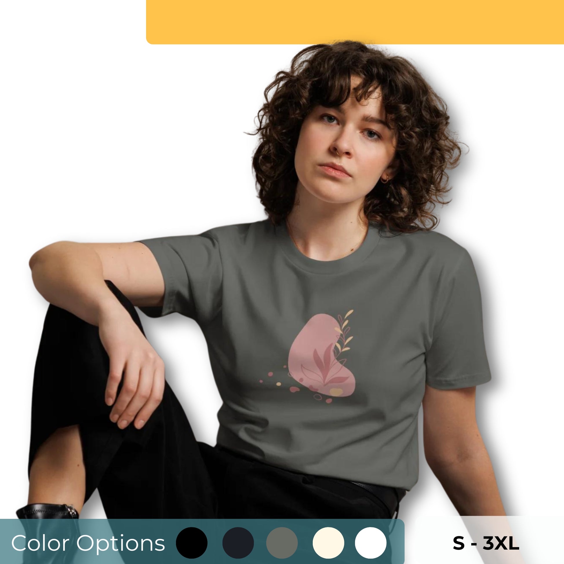  Women's Premium Charcoal Tee featuring a botanical heart design, showcasing a muted and delicate illustration of a heart with botanical elements on a grey tee, perfect for subtle self-expression.