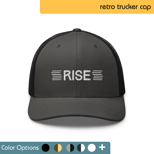 Black trucker hat with the word "RISE" embroidered in white across the front. Text "Retro Trucker Cap" is written above the image, and "Color Options+" is written below the image.