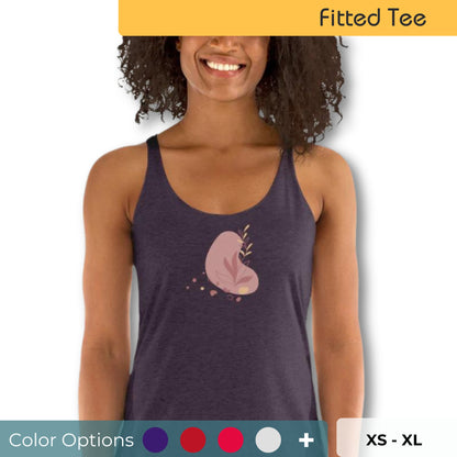 Woman wearing a dark purple racer back tank top with a subtle heart-shaped leaf design. Also showing that there are multiple colors and sizes available.