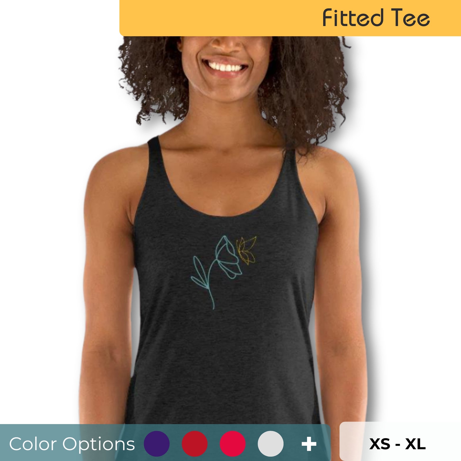 Woman wearing a black racer back tank top with a subtle line drawing of flowers. Also showing that there are multiple color and size options