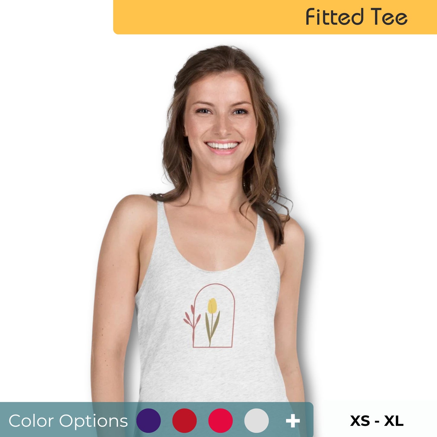 Woman wearing a white racer back tank top with a subtle single flower design. Also showing that there are multiple color and size options. 