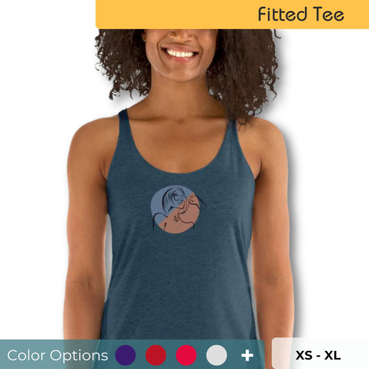 Woman wearing a navy blue racer back tank top with a subtle design of a person gazing at the moon.  Also showing that there are multiple sizes and colors available