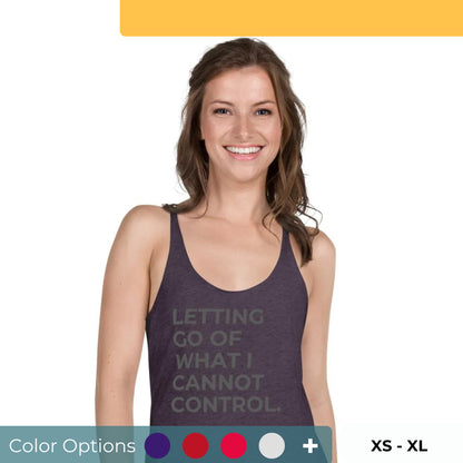 Smiling woman in a purple racer back tank with "Letting Go of What I Cannot Control" text, available in multiple colors and sizes.