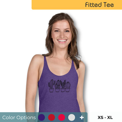 Woman wearing a purple racer back tank top with a subtle cactus design. Also showing the color and the size options