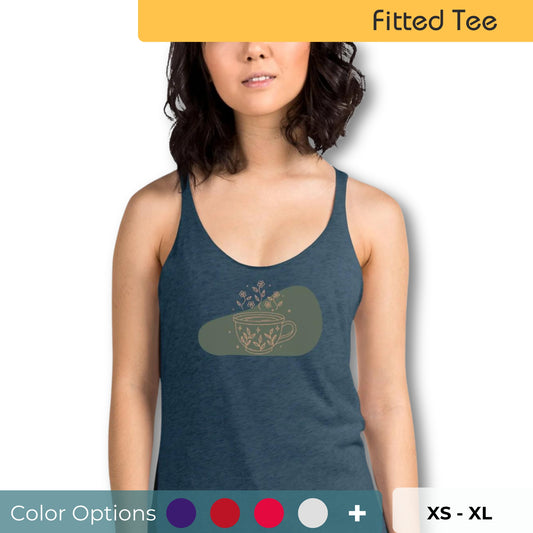 Woman wearing a navy blue racer back tank top with a muted coffee cup and floral design. Also showing that there are multiple color and size options