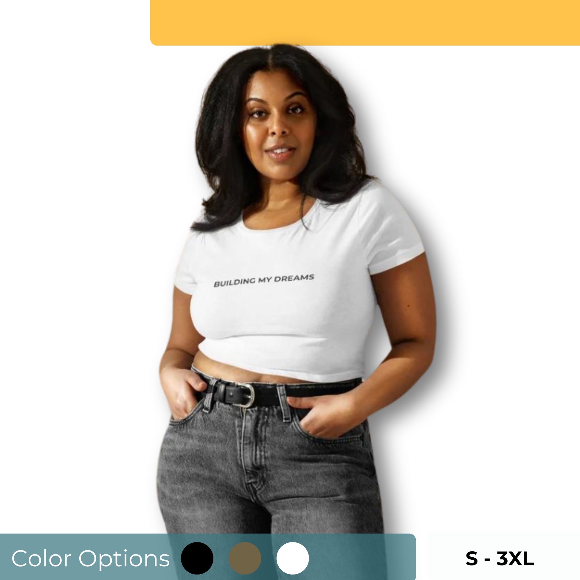 Aspirational slim-fit crop top for women with "Building My Dreams" quote. Available in multiple colors and sizes S-3XL.