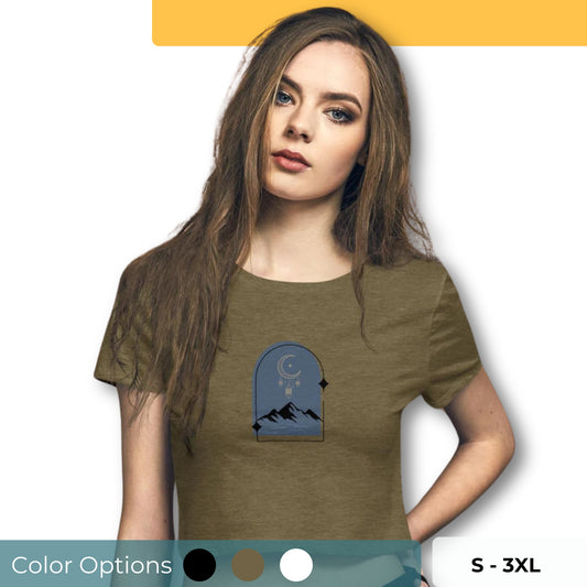 A woman wearing a slim fit crop top with a mountain and night sky design. Available in various colors and sizes S-3XL.