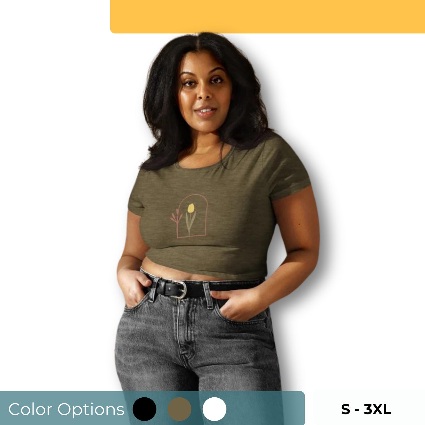 A woman wearing a slim fit crop top with a modern tulip design. Available in various colors and sizes S-3XL.