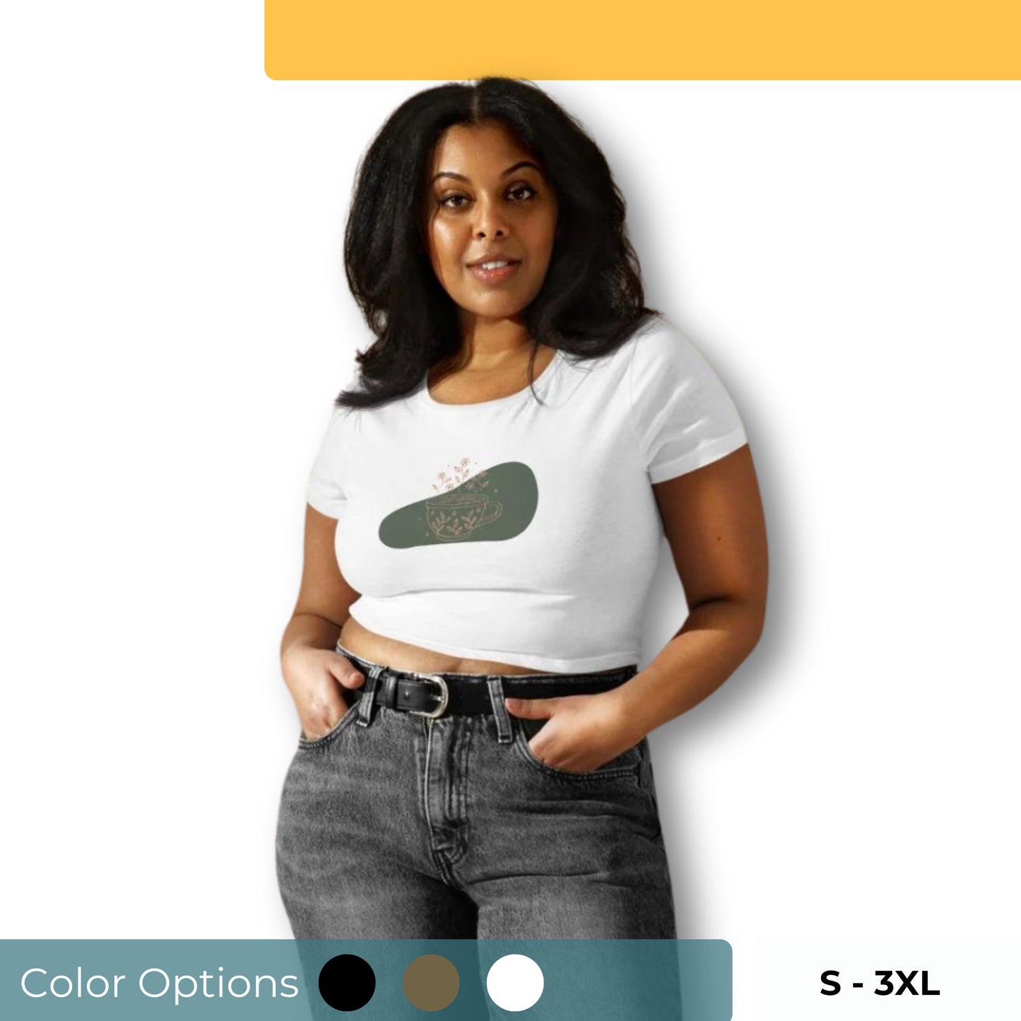 A woman wearing a slim fit crop top with an abstract green design. Available in various colors and sizes S-3XL.