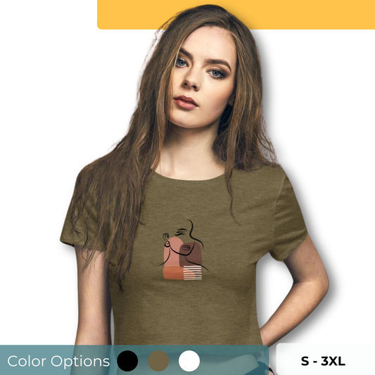 A woman in a slim fit crop top with minimalist face art. Available in multiple colors and sizes S-3XL.