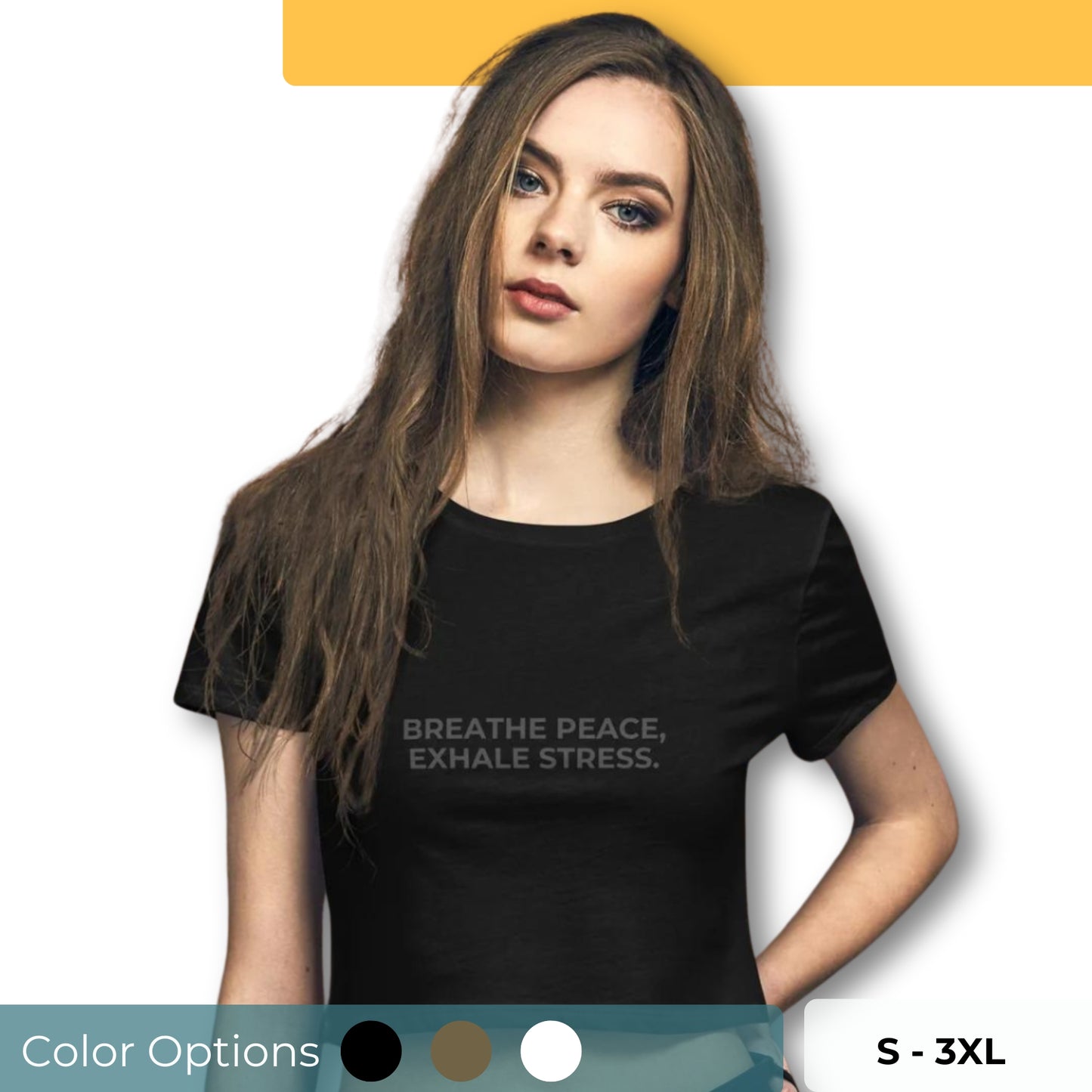 Calming slim-fit crop top for women with "Breathe Peace, Exhale Stress" quote. Available in multiple colors and sizes S-3XL.