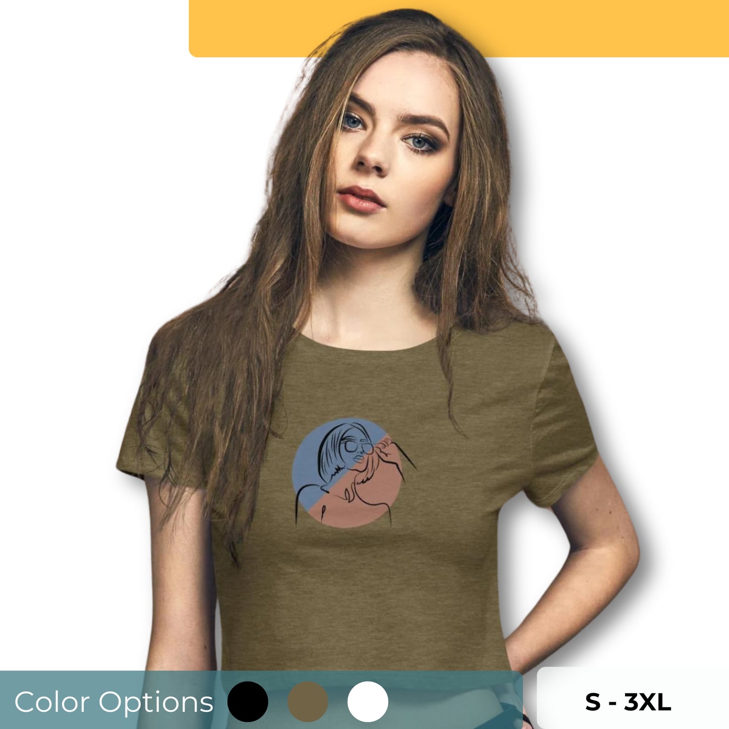 A woman in a slim fit crop top with an artistic silhouette design. Available in multiple colors and sizes S-3XL.