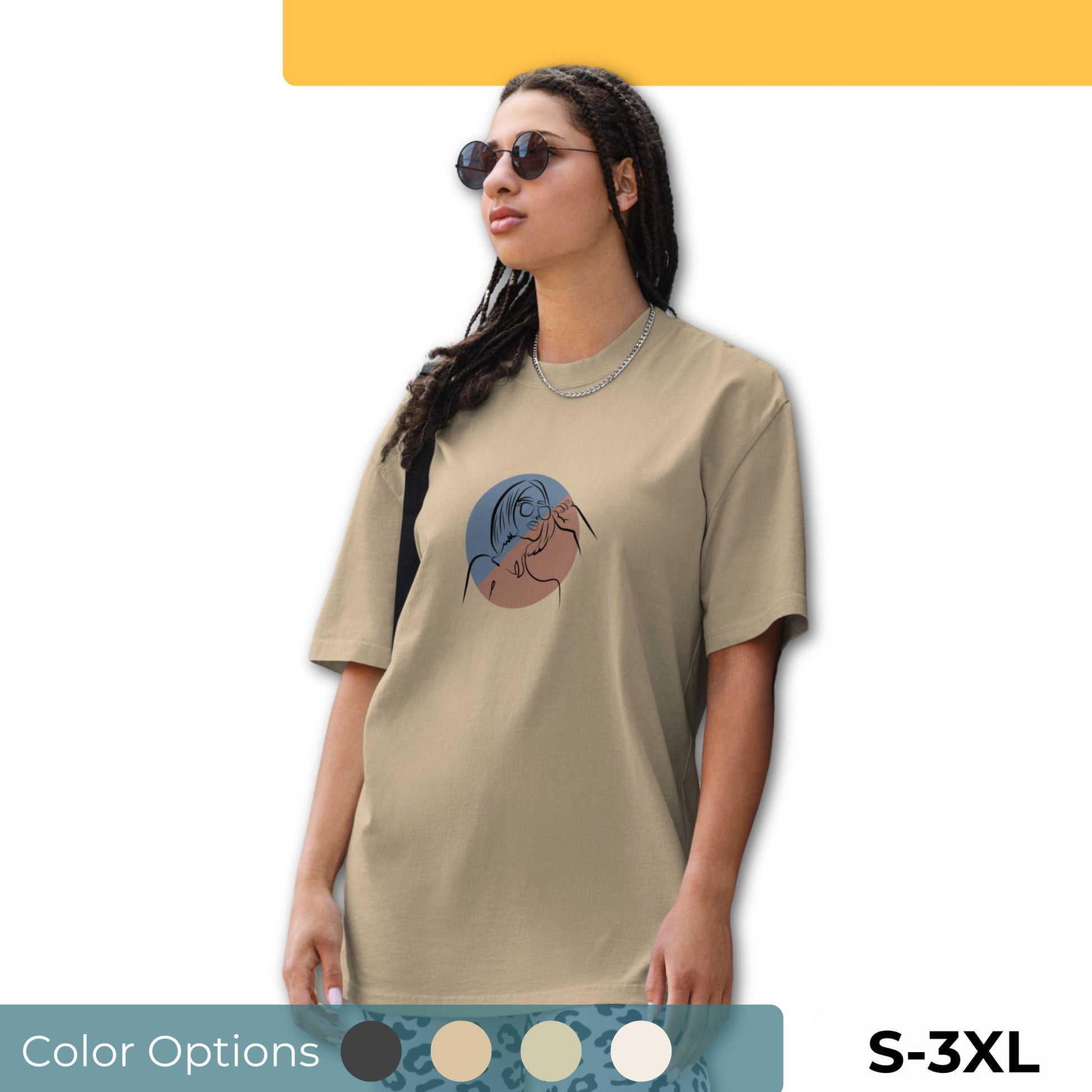 Woman wearing an oversized faded tee with an elegant lady line art design, highlighting unique self-expression and artistic fashion, available in multiple colors and sizes S-3XL.