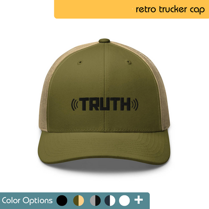 Green trucker hat with the word "TRUTH" embroidered in white across the front. Text "Retro Trucker Cap" is written above the image, and "Color Options+" is written below the image.