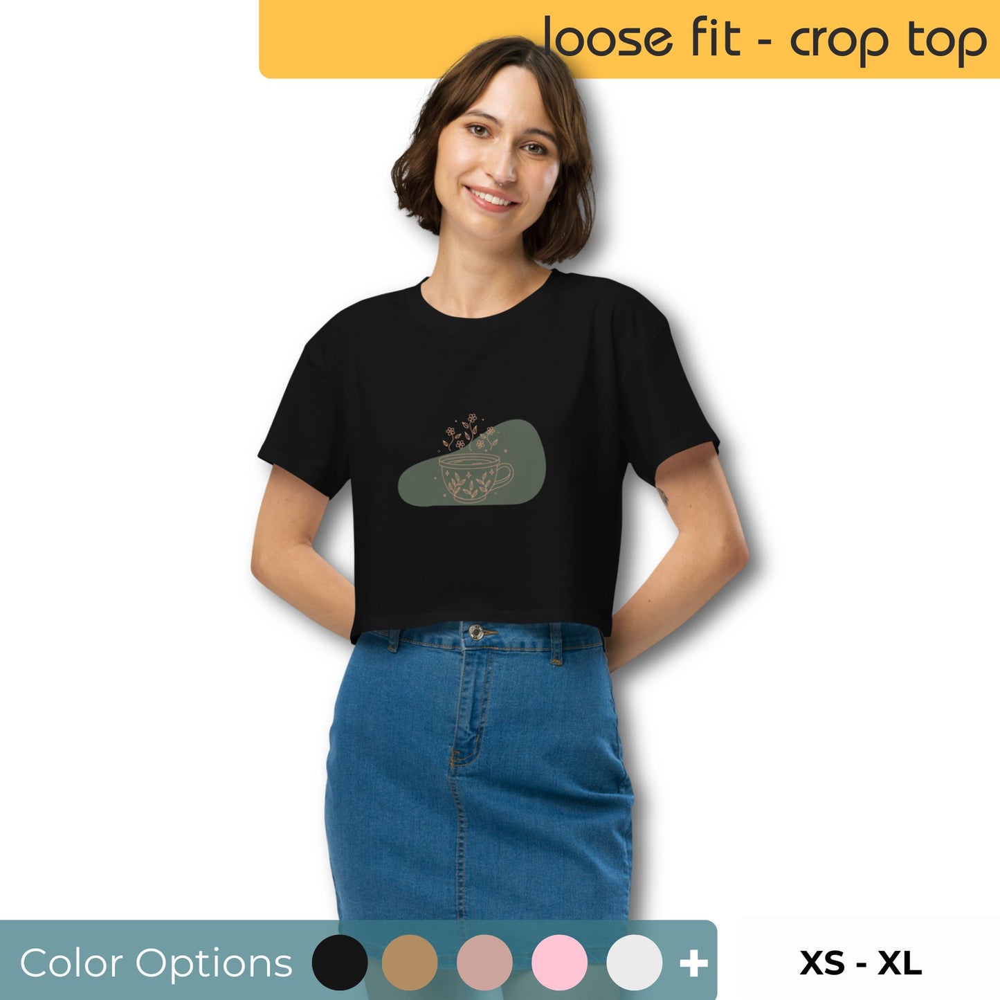 Woman wearing a loose-fit crop top with a floral coffee cup graphic design, embodying comfortable and authentic fashion by BYOL.