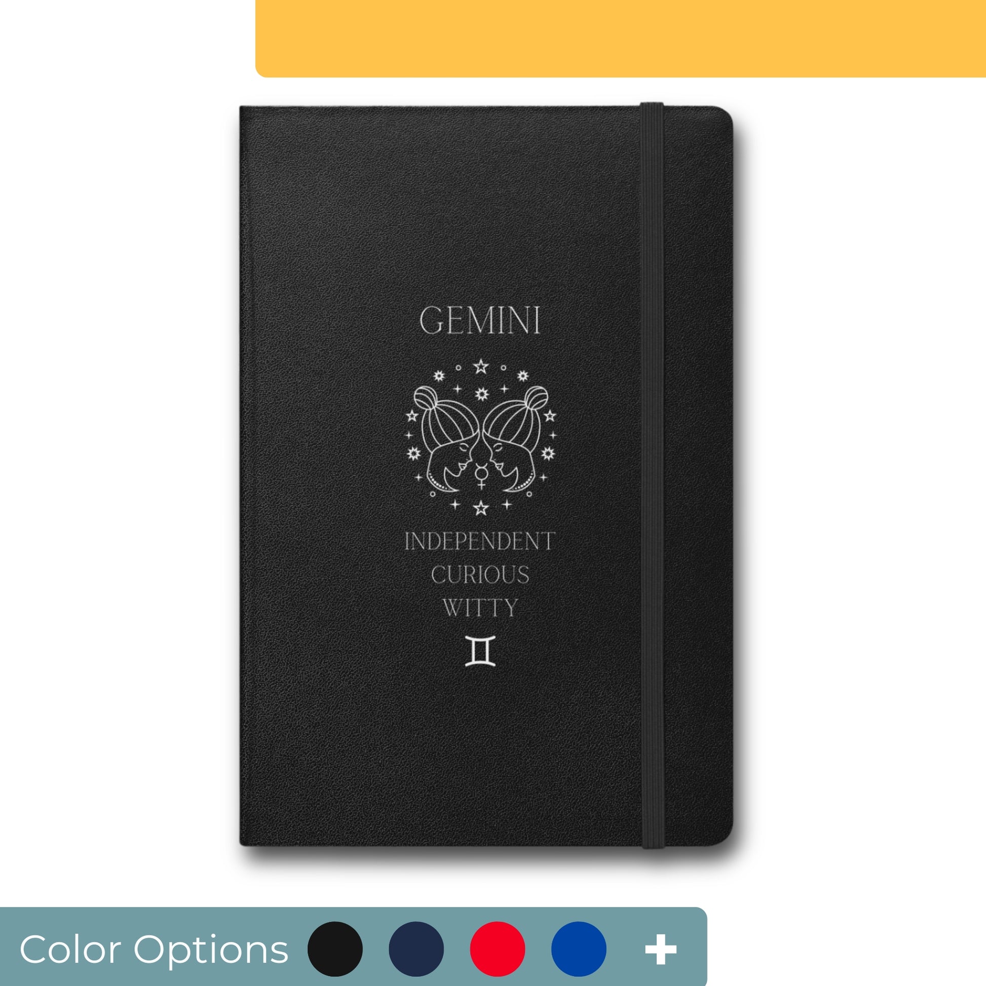 Black notebook with elastic closure featuring a Gemini zodiac sign design in white, showcasing a stylized illustration of twin faces surrounded by stars with the traits 'Independent, Curious, Witty' listed to represent Gemini characteristics."