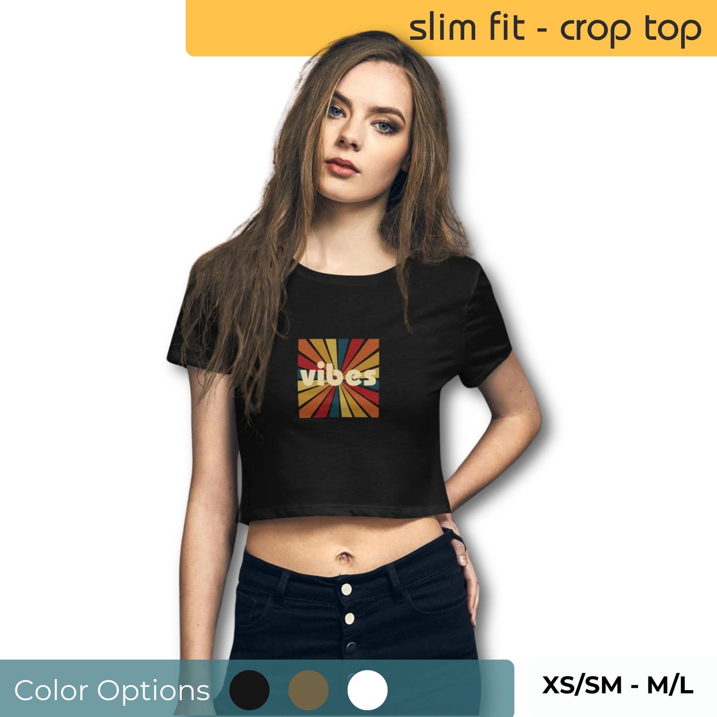 Woman showcasing a slim fit black crop top with a colorful retro "vibes" graphic, available in XS/SM to M/L sizes.