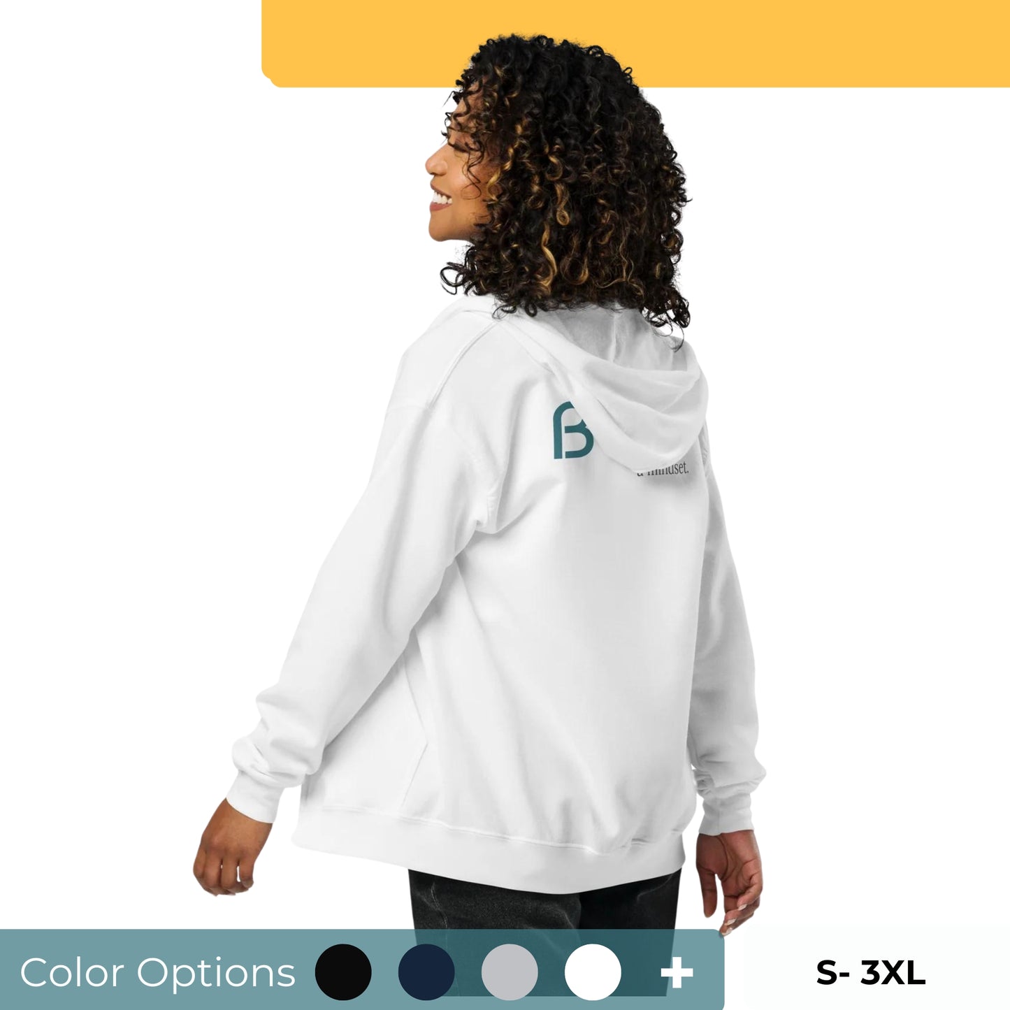 Back view of a woman wearing a white BYOL mindset hoodie with color options in black, navy blue, gray, and light blue, available in sizes S to 3XL.