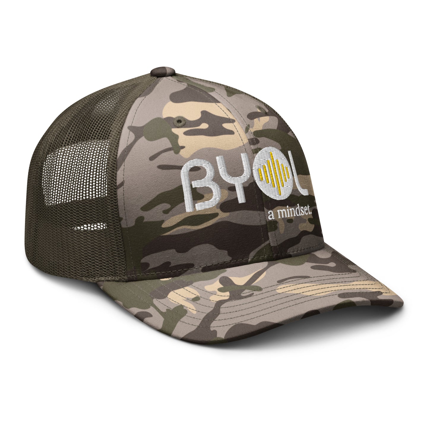 Side of camo/olive retro trucker hat with "BYOL a mindset" embroidered on the front in white and yellow, featuring a black mesh back, displayed against a clean background. Available in various colors: black, brown, green, and beige.