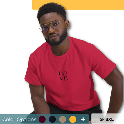 Man in red t-shirt with "LOVE" print leaning forward against a light background, portraying casual style and positive messaging. Also showing the color and size options