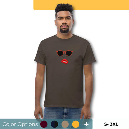 Man wearing a royal blue classic tee with a quirky red lips and sunglasses graphic, channeling a fun and bold personal style statement. Also showing the color and size options