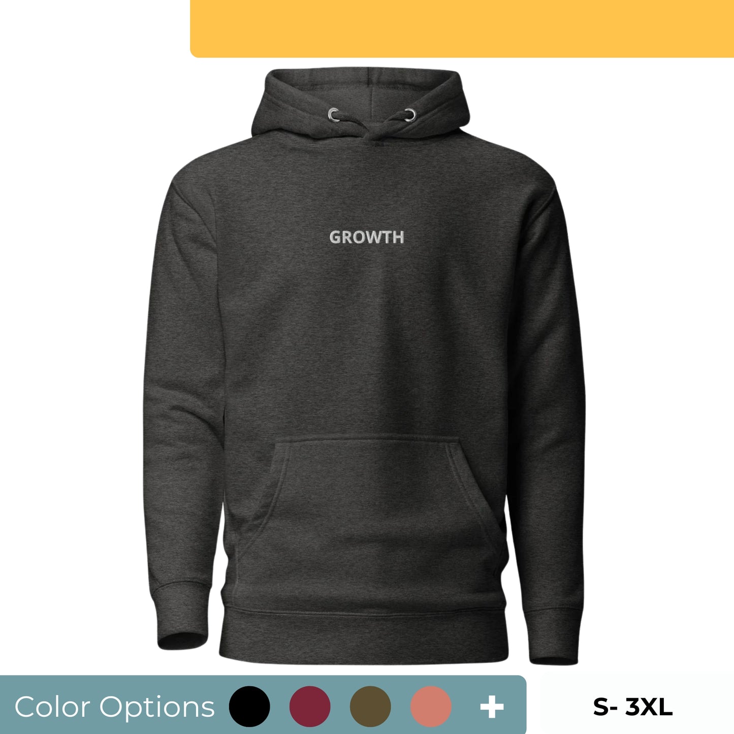 Dark heather gray embroidered "Growth" premium hoodie with a front pouch pocket, soft fleece lining, and adjustable drawstrings, available in multiple colors and sizes.