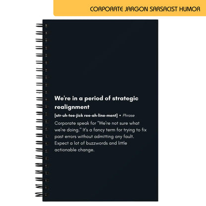 Notebook page with text defining the corporate jargon "strategic realignment" in a sarcastic tone, describing it as corporate speak for uncertainty in decision-making, highlighting the use of buzzwords and lack of concrete actions.