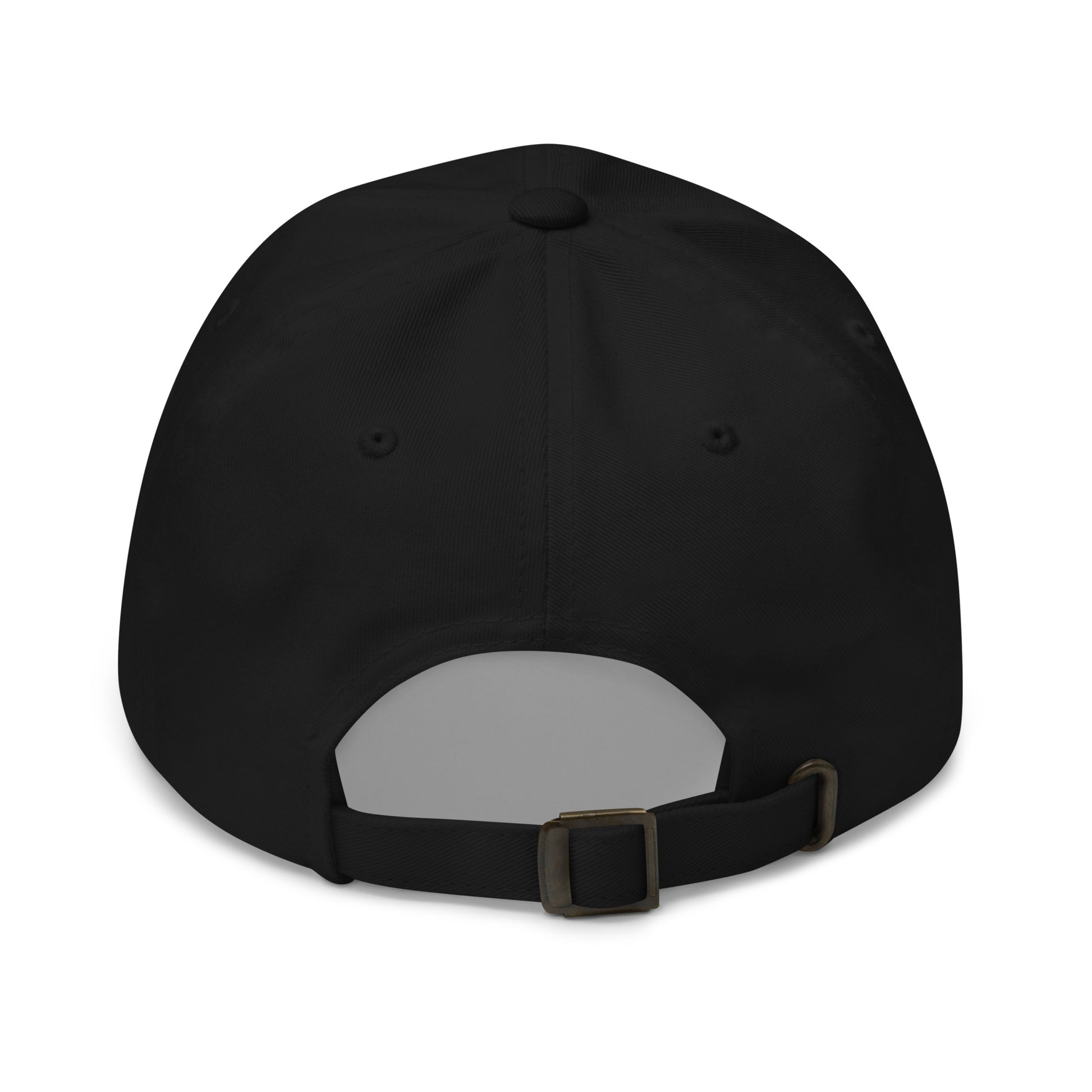 The back of a black dad hat features an adjustable strap with a metal buckle for sizing.