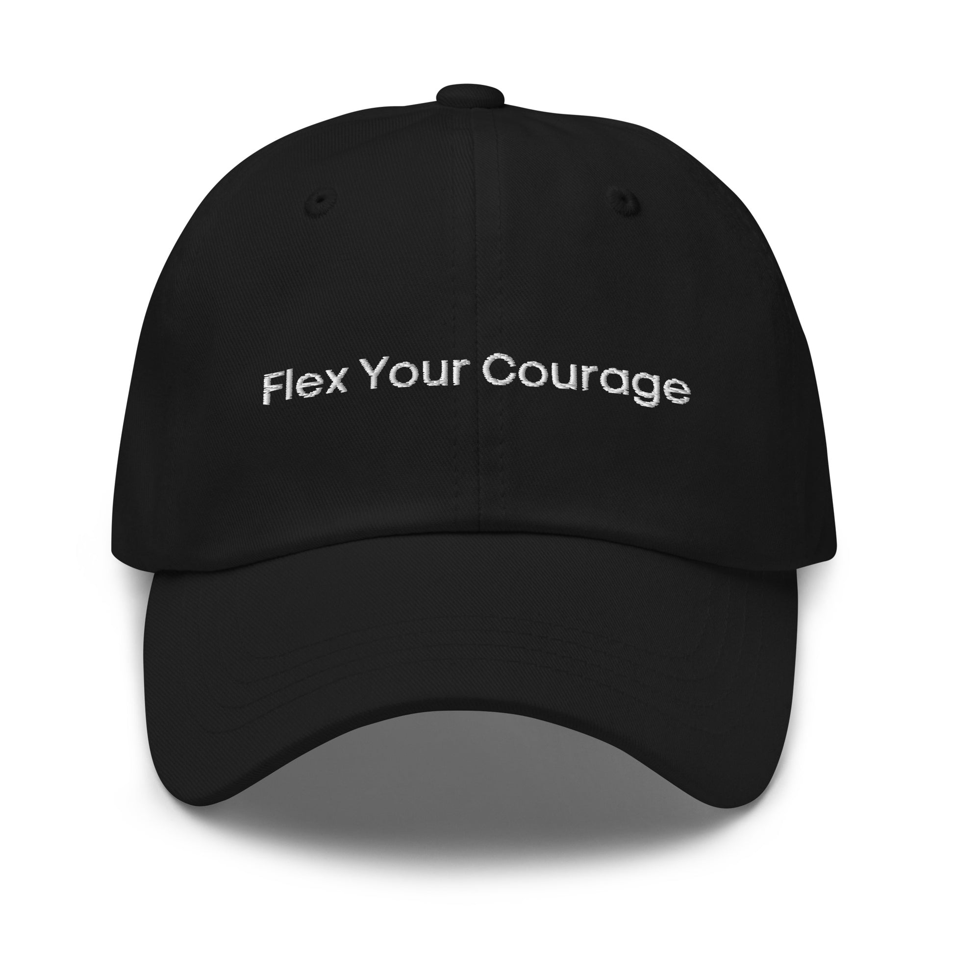 A black dad hat with the phrase "Flex Your Courage" embroidered in white stitching across the front.