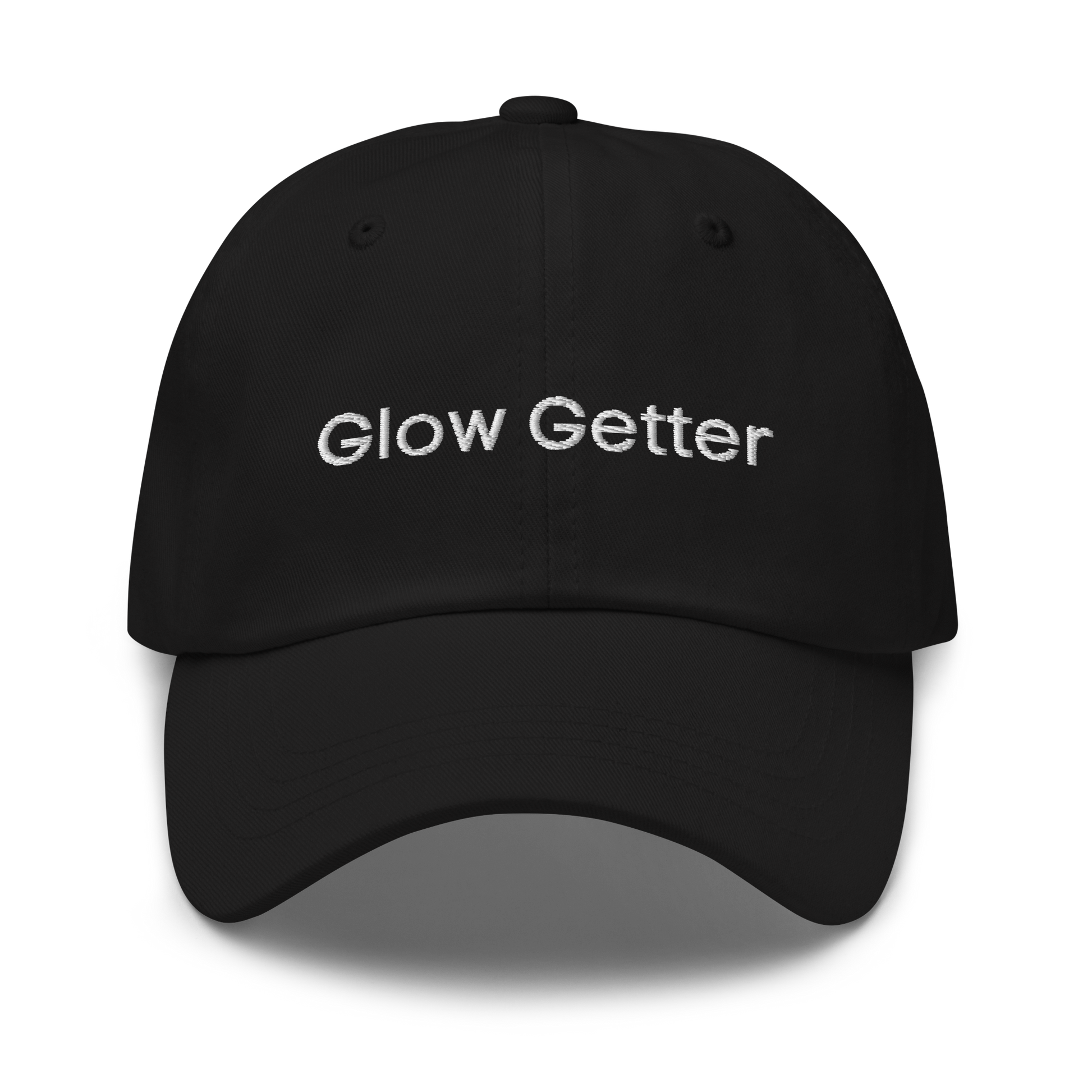 Black baseball cap with white embroidered text 'Glow Getter' on the front.