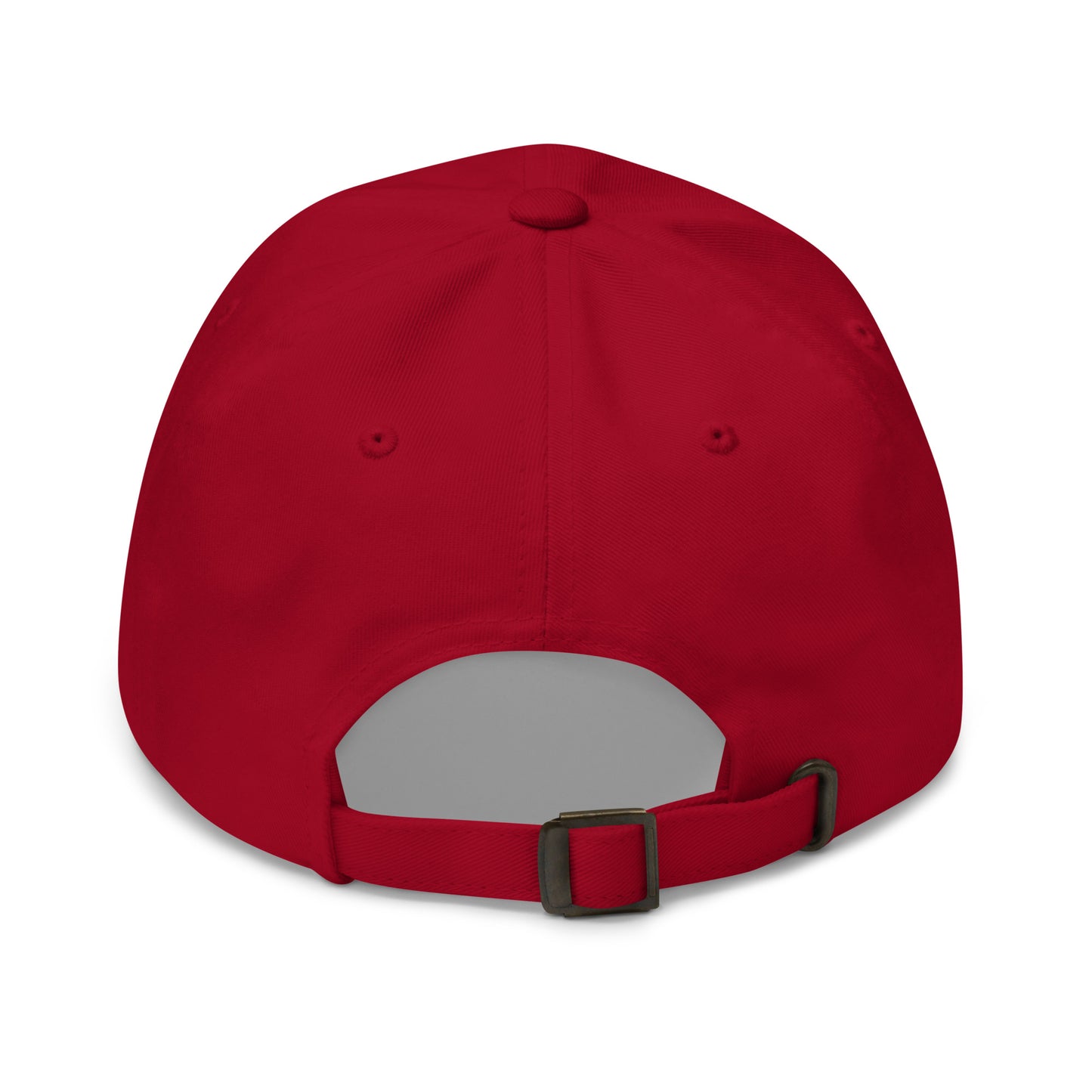 Back view of a red classic dad hat featuring an adjustable strap with a metal buckle, displayed against a clean background. Available in various colors: black, gray, green, pink, and white.