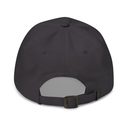 The back of a dark grey dad hat features an adjustable strap with a metal buckle for sizing.