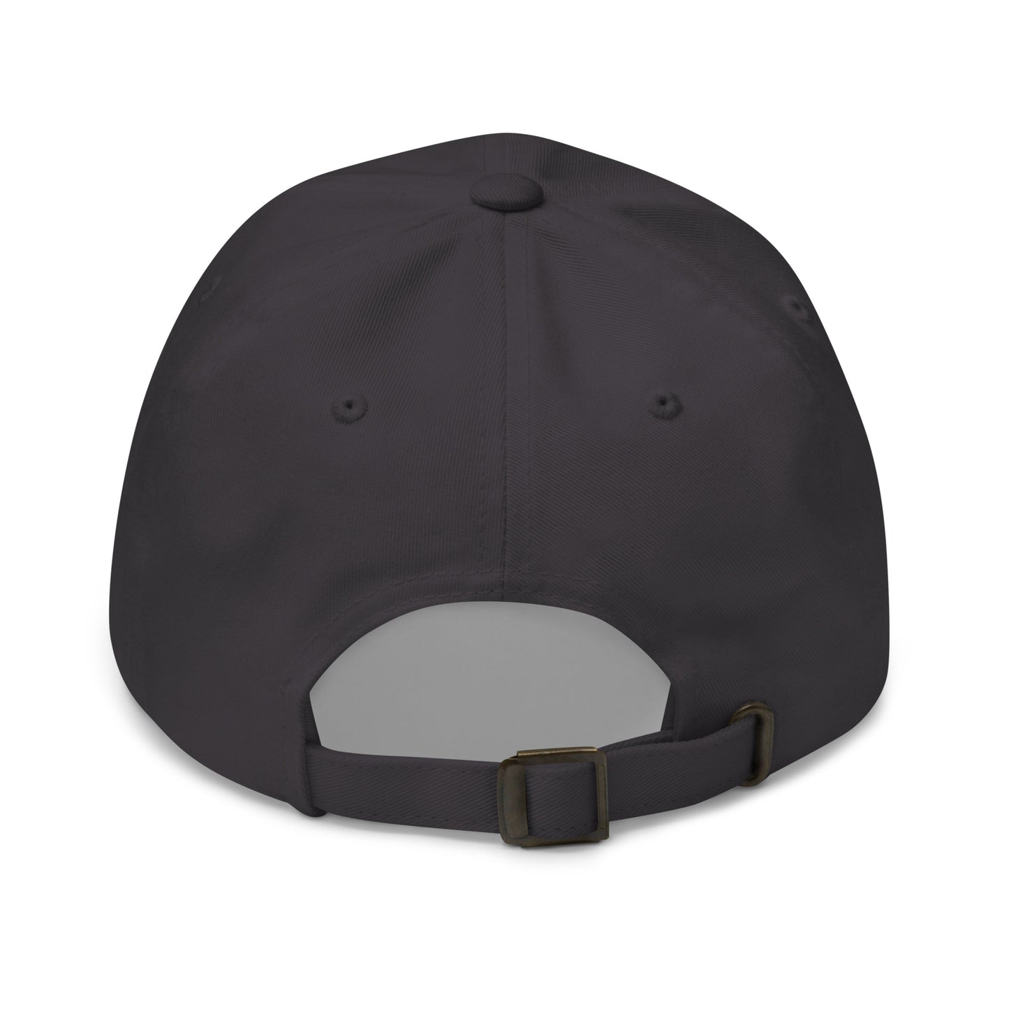 Back view of a grey classic dad hat featuring an adjustable strap with a metal buckle, displayed against a clean background. Available in various colors: black, gray, green, pink, and white.