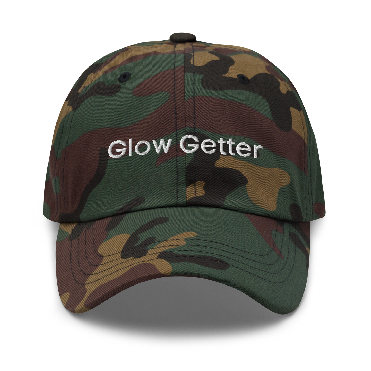 Camo baseball cap with white embroidered text 'Glow Getter' on the front.