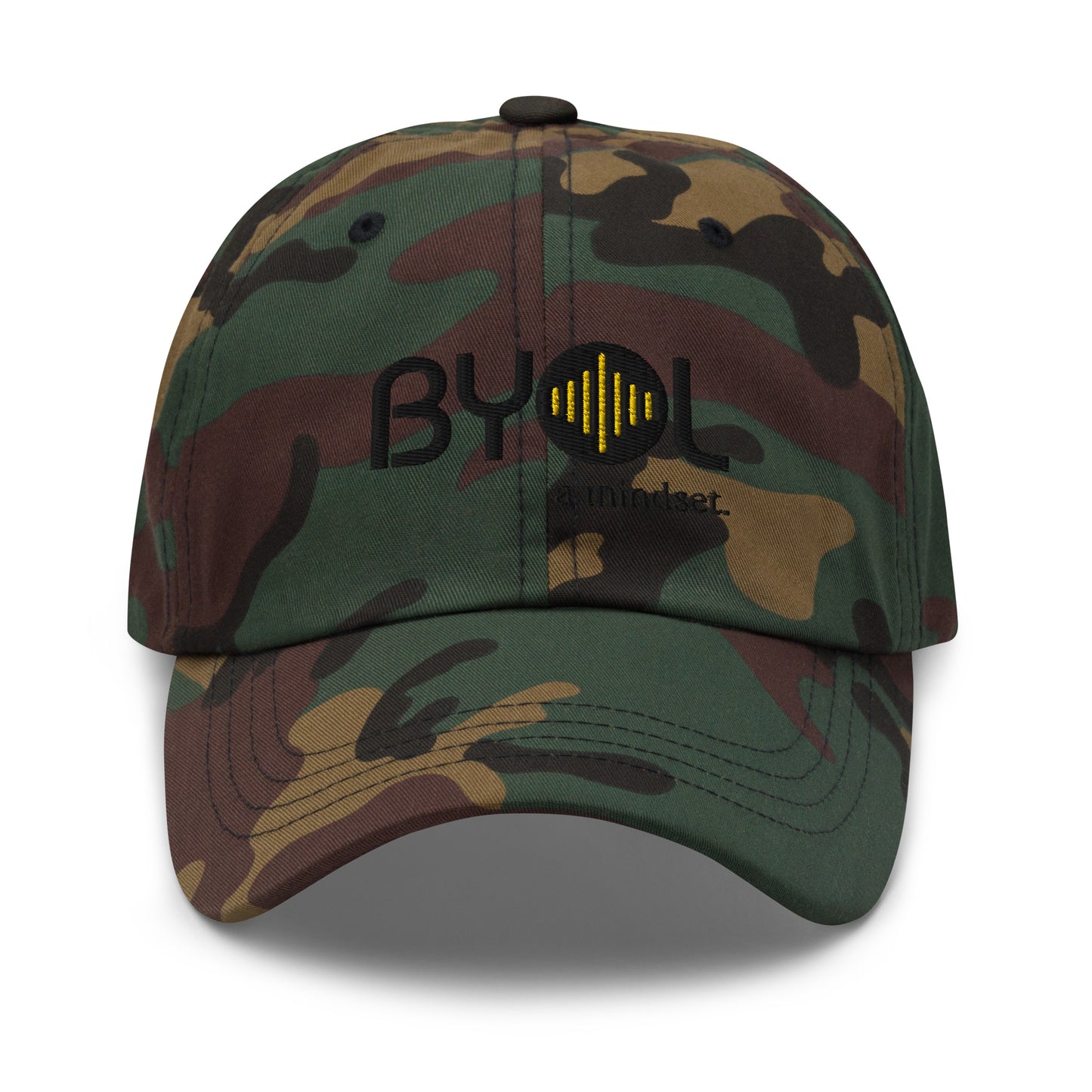 Camo classic dad hat with "BYOL a mindset" embroidered on the front in black and yellow, displayed against a clean background. Available in various colors: black, gray, green, pink, and white.