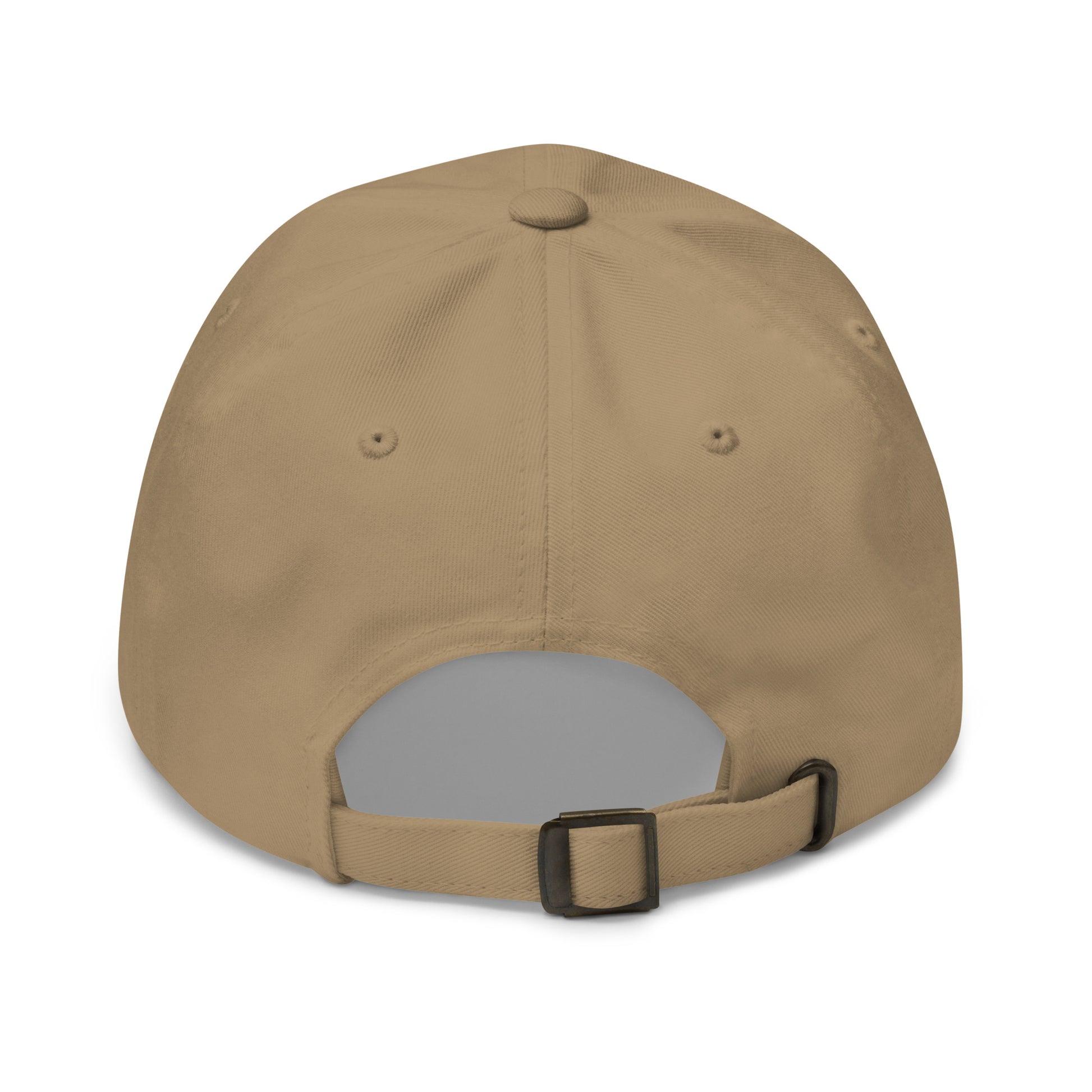 The back of a dark khaki dad hat features an adjustable strap with a metal buckle for sizing.