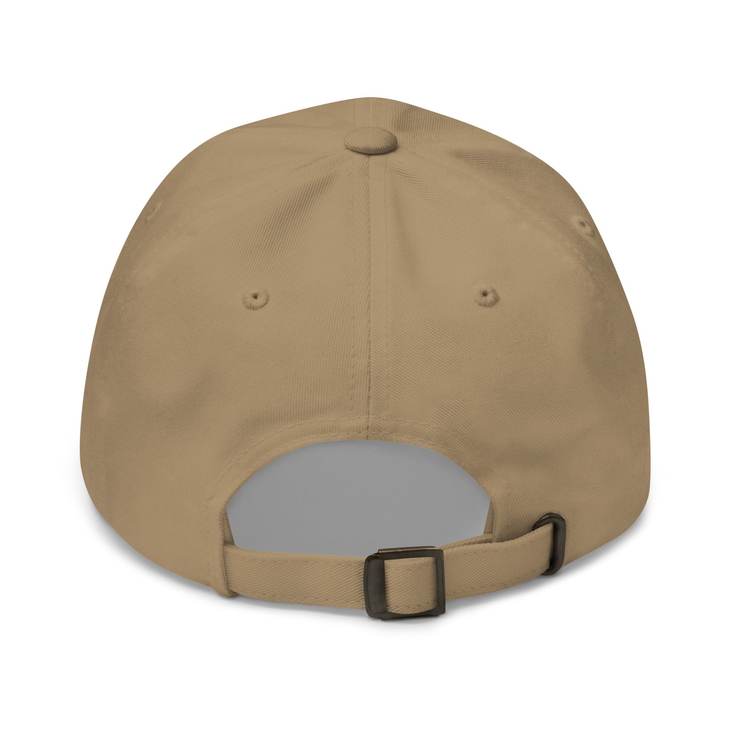 The back of a khaki dad hat features an adjustable strap with a metal buckle for sizing.