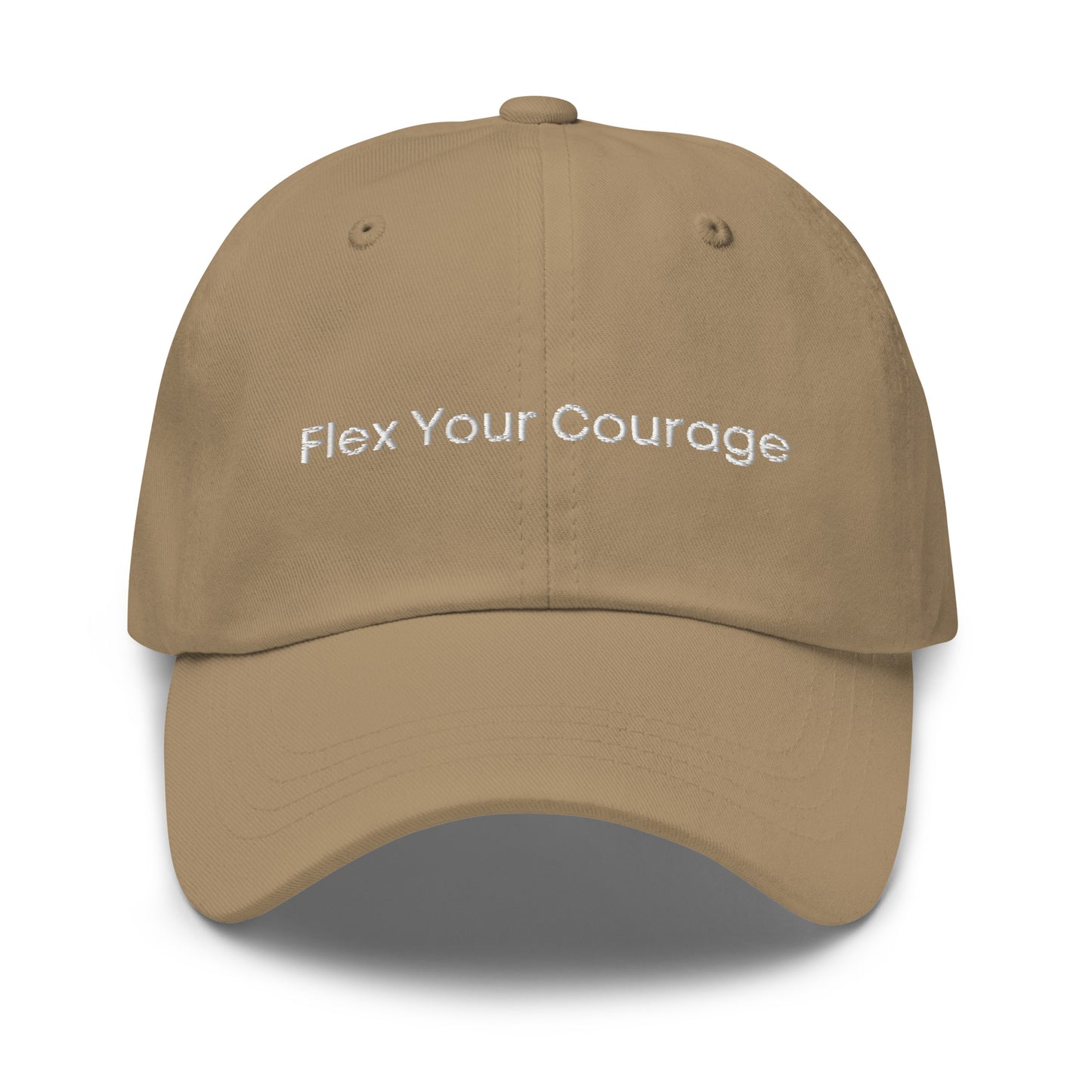 A khaki dad hat with the phrase "Flex Your Courage" embroidered in white stitching across the front.