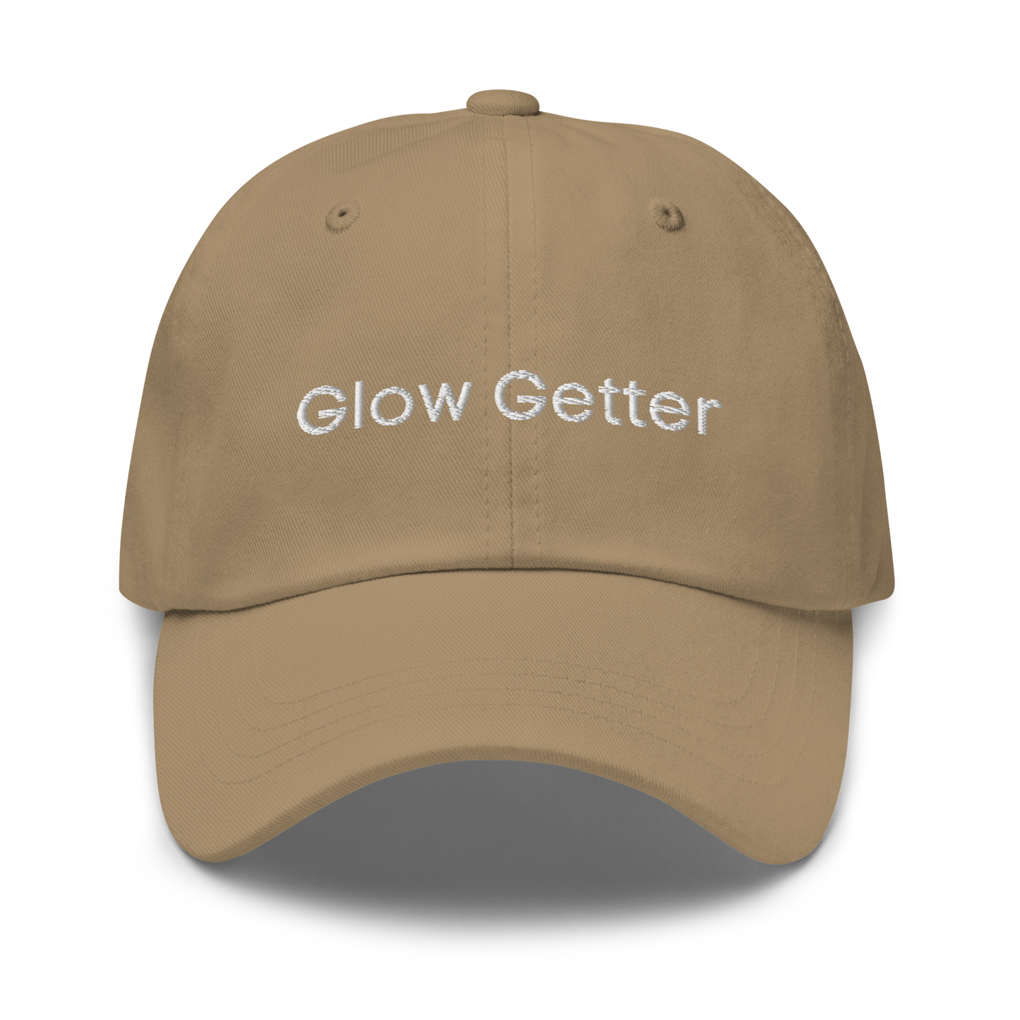 Khaki baseball cap with white embroidered text 'Glow Getter' on the front.