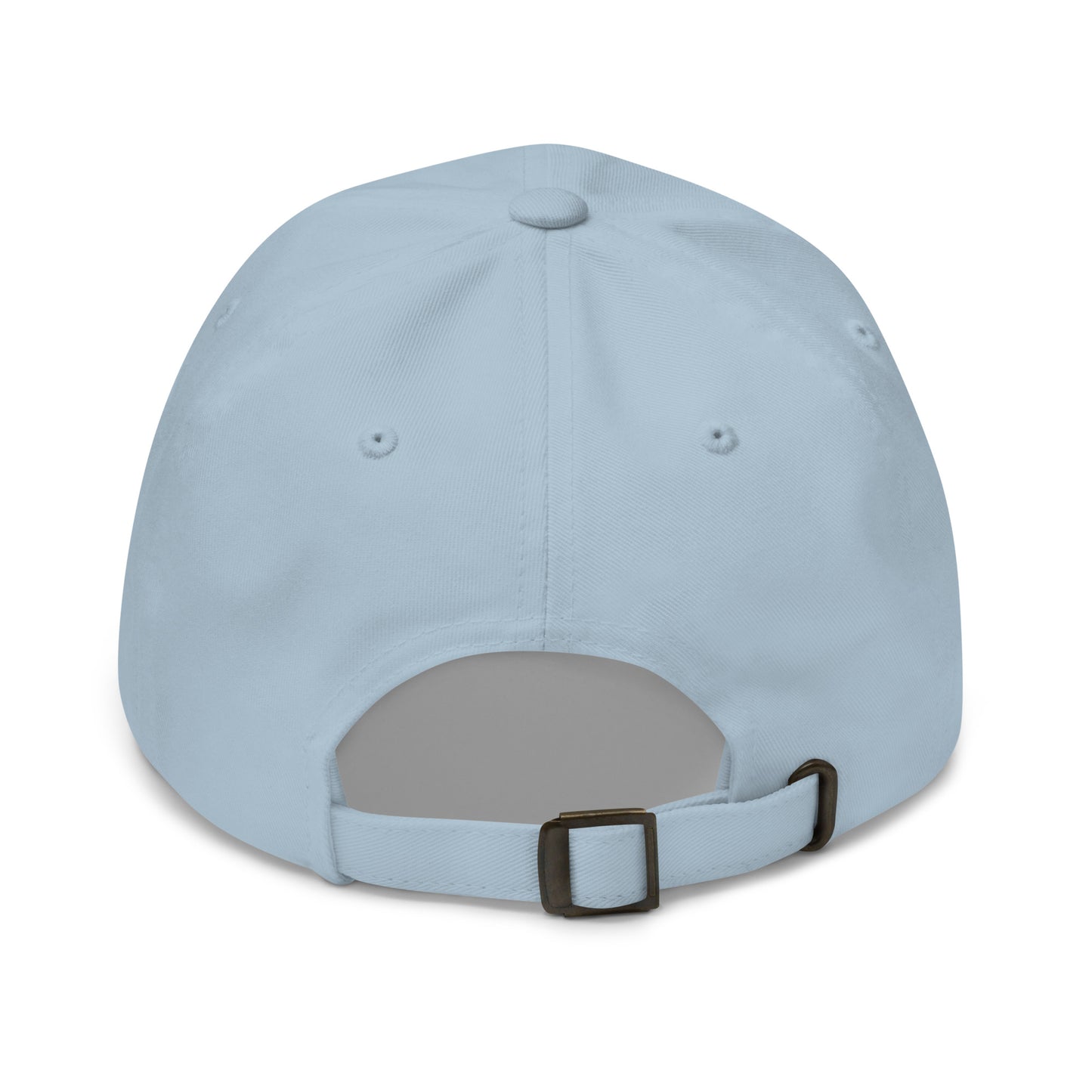 The back of a blue dad hat features an adjustable strap with a metal buckle for sizing.