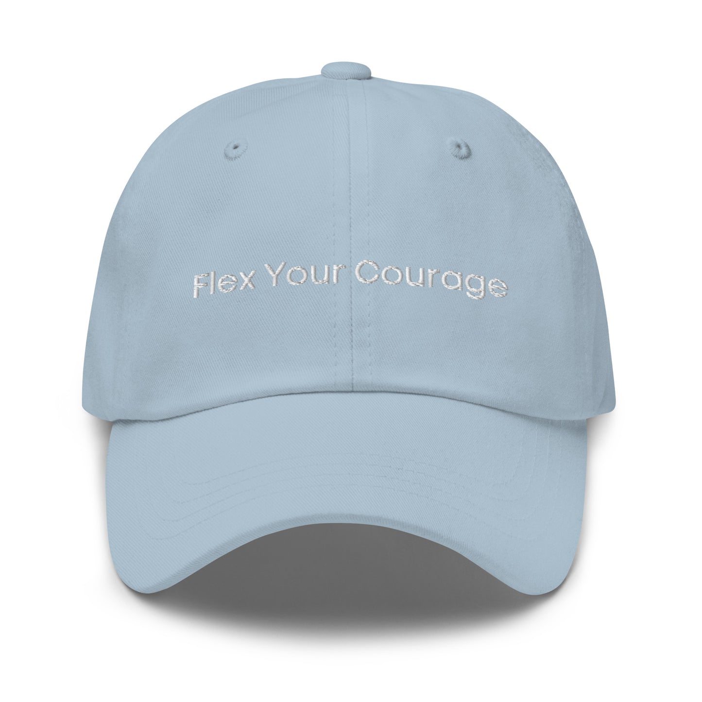 A light blue dad hat with the phrase "Flex Your Courage" embroidered in white stitching across the front.