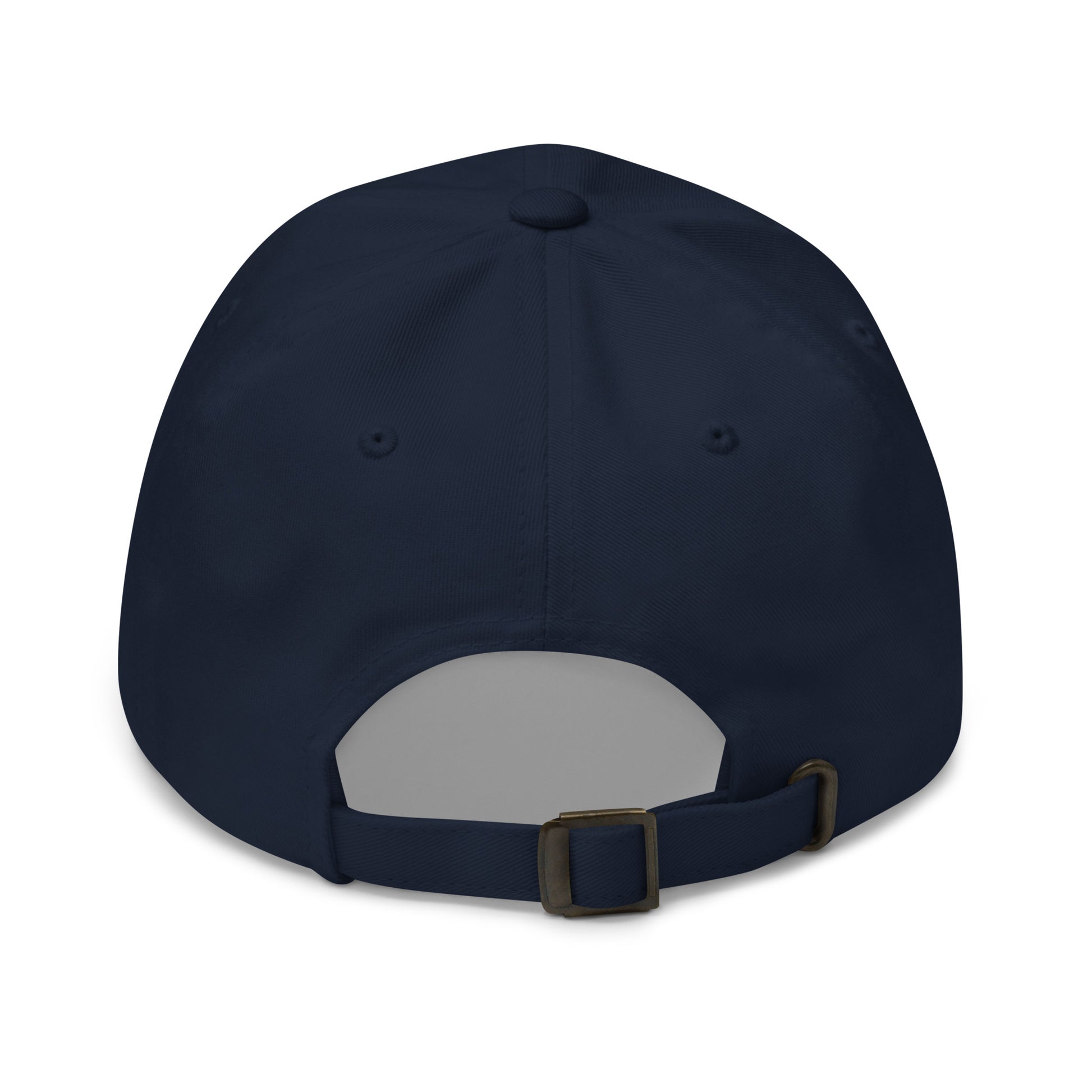 The back of a dark blue dad hat features an adjustable strap with a metal buckle for sizing.