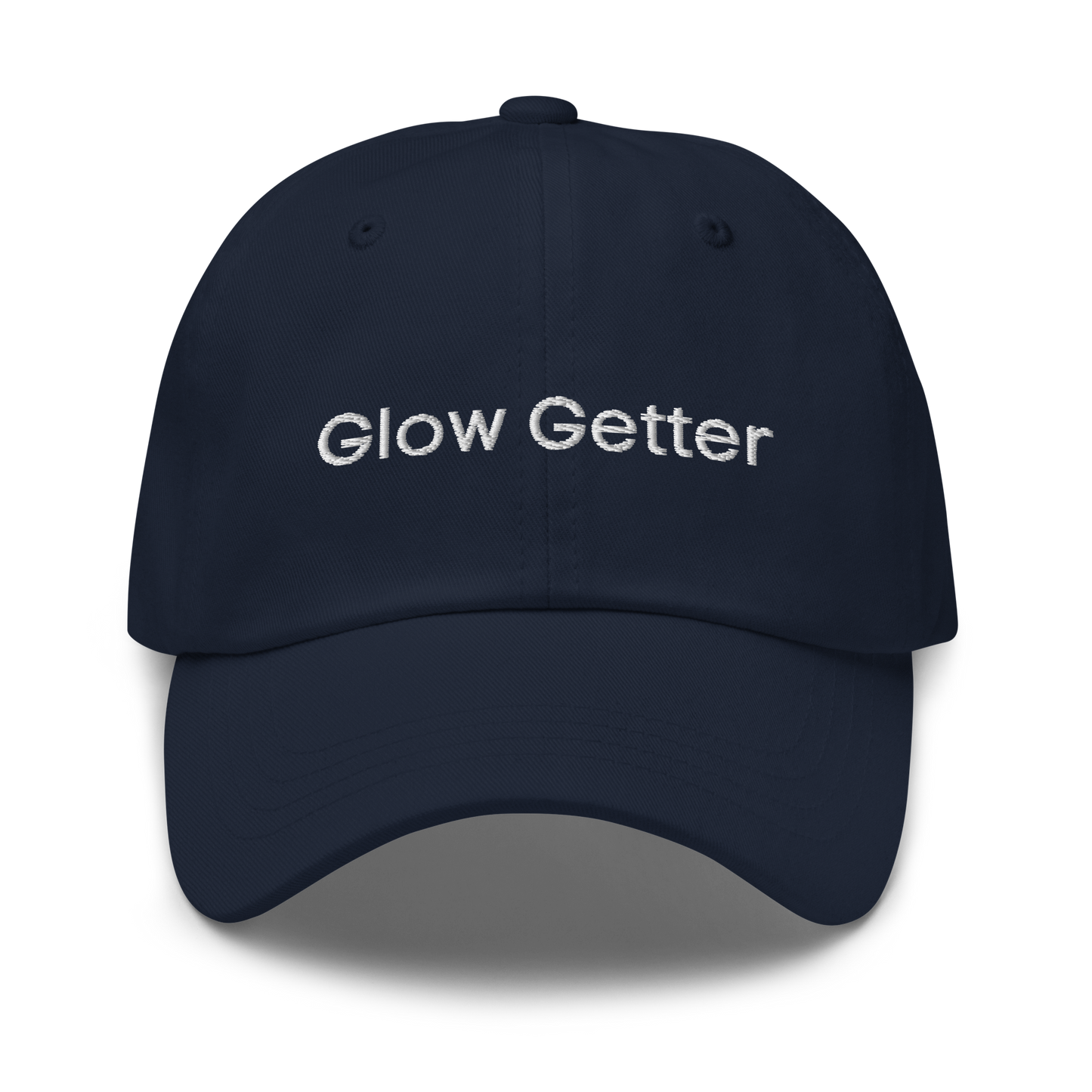 Navy blue baseball cap with white embroidered text 'Glow Getter' on the front.