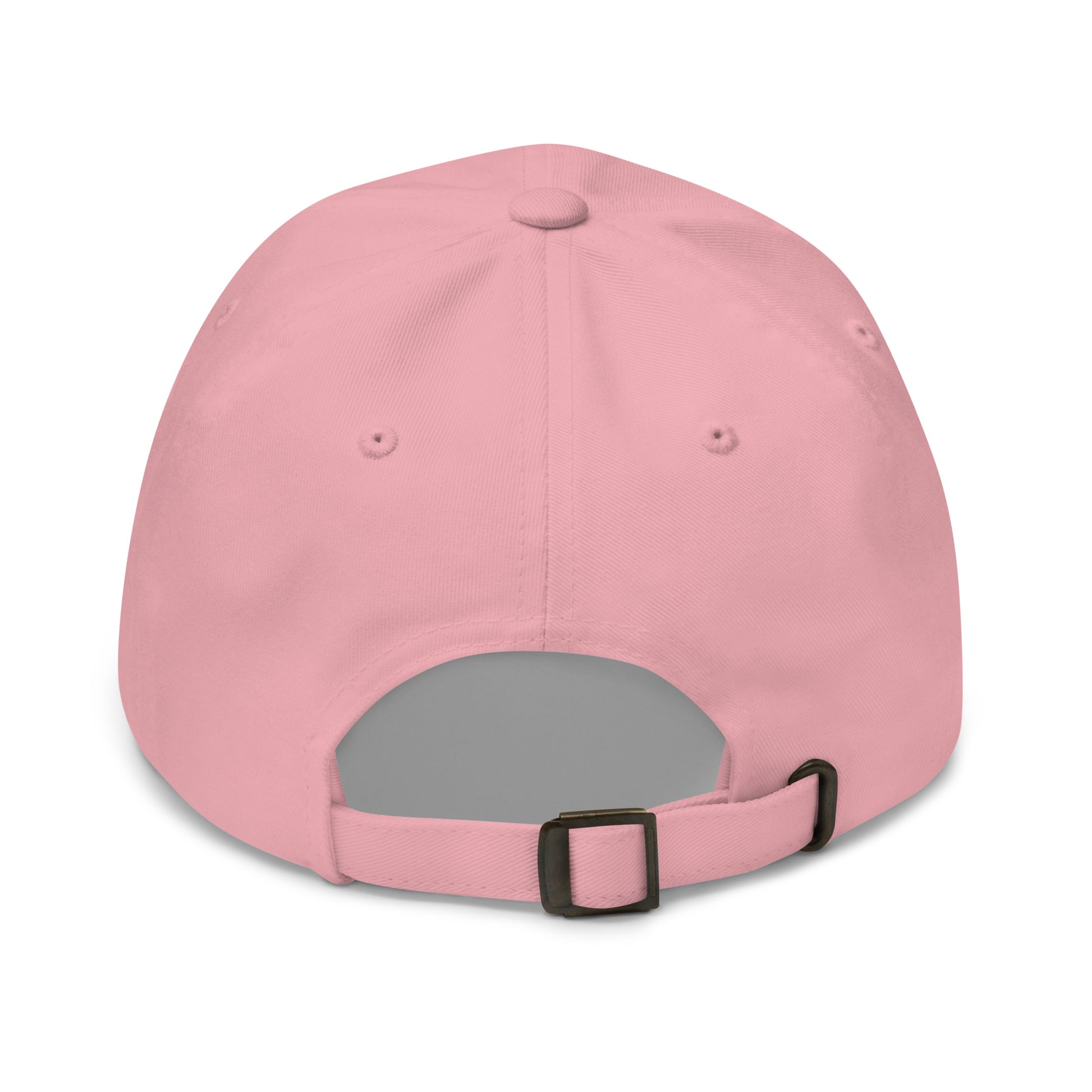 The back of a pink dad hat features an adjustable strap with a metal buckle for sizing.