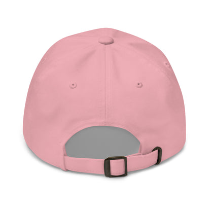 Back view of a pink classic dad hat featuring an adjustable strap with a metal buckle, displayed against a clean background. Available in various colors: black, gray, green, pink, and white.