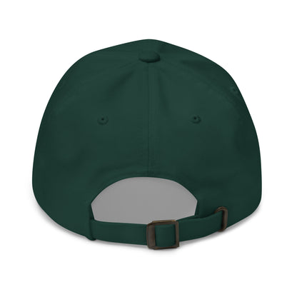 The back of a dark green dad hat features an adjustable strap with a metal buckle for sizing.