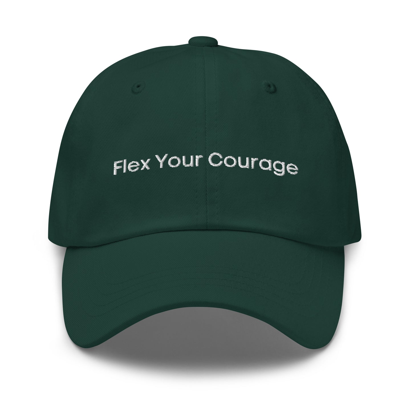 A green dad hat with the phrase "Flex Your Courage" embroidered in white stitching across the front.